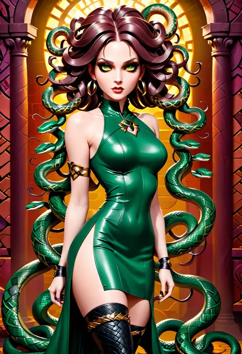 dark fantasy art a medusa having snake twin tails, a most beautiful medusa, reptilian eyes, pale skin, having twin snake braids,...