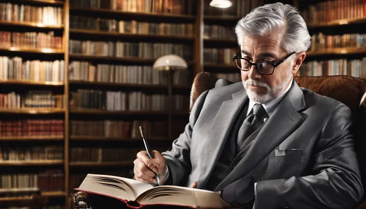 Picture of a gray-haired middle-aged man in a suit and glasses reading a book in a library with dim lights and lamps on with books in the background and a book in his hands sitting in an armchair. Angle of a document photo 