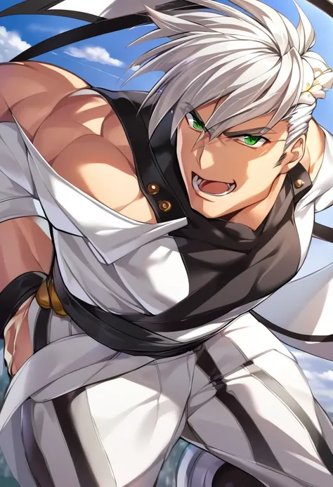 1boy, male focus, white hair, white eyelashes, green eyes,muscle, vestindo uma regata preta, calça branca, hair in the wind, satisfied expression, powerful posing