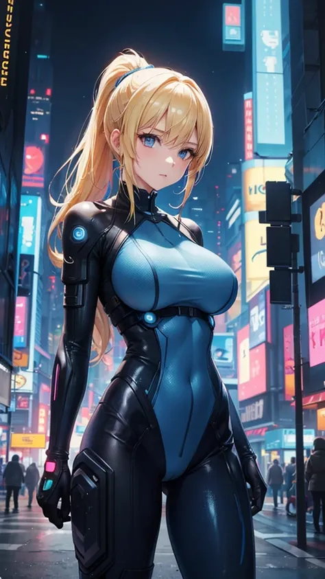 One woman,Big Breasts,Blonde long ponytail,A blue bodysuit that covers the entire body,Cyberpunk Background,Night view