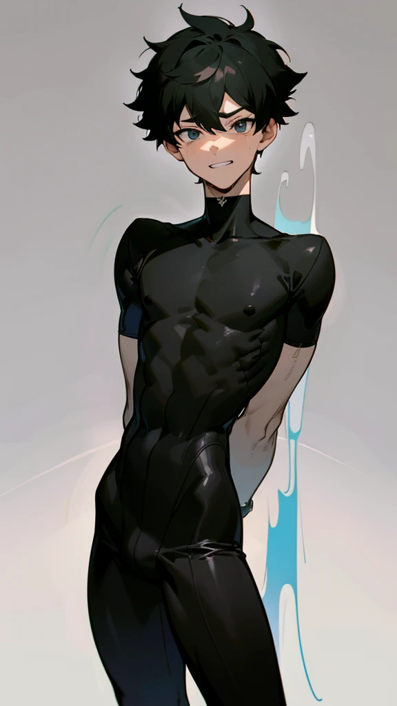 {{{Artist:finch_(blanc1771)}}},artist:beiremian:1.3,artist:damyu:1.3,a mucless boy with large_penis and erect under clothes,,Flat color,strong sense of wrapping,a boy wears smooth without wrinkles and tight-fitting black unitard,the boy puts arms behind ba...