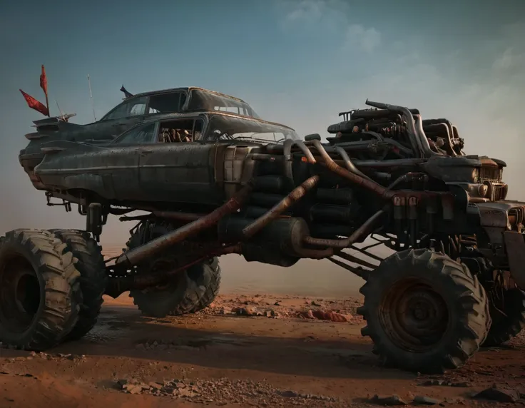 a powerful off-roader, post-apocalyptic, mad max style, weathered and dystopian, desert landscape, dramatic lighting, vibrant co...