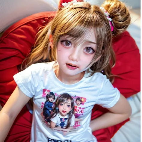 Bright Red in White, (Masterpiece 8K TopQuality:1.2) (ProfessionalPhoto:1.37) PUNIPUNI ExtremelyDetailed (((KAWAII girls in Super Bitch T-shirt:1.4))) from above