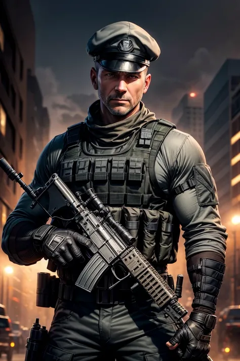 1 man, 45-year old, character of the game Cal of Duty Modern Warfire, stands calmly, portrait of fit special forces officer, wearing light grey t-shirt, armored vest, ballistic glasses and (light grey army cap:1.1), black half-gloves, sneaky, short bright ...