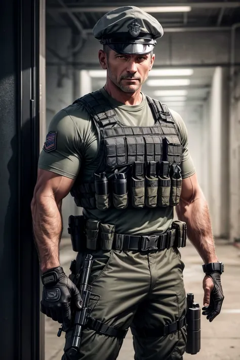 1 man, 45-year old, character of the game Cal of Duty Modern Warfire, stands calmly, portrait of fit special forces officer, wearing light grey t-shirt, armored vest, ballistic glasses and (light grey army cap:1.1), black half-gloves, sneaky, short bright ...