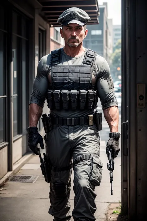 1 man, 45-year old, character of the game Cal of Duty Modern Warfire, stands calmly, portrait of fit special forces officer, wearing light grey t-shirt, armored vest, ballistic glasses and (light grey army cap:1.1), black half-gloves, sneaky, short bright ...