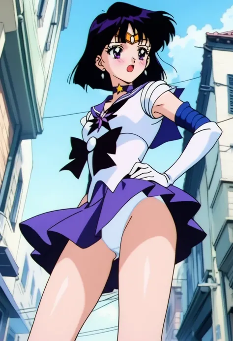 masterpiece, best quality, very aesthetic, absurdres, Sailor Saturn XL, 1990s (style), perfect face, perfect composition, moist skin, intricate details, BREAK 1girl, solo, short hair, black hair, purple eyes, flat chest, skinny, sailor senshi uniform, jewe...