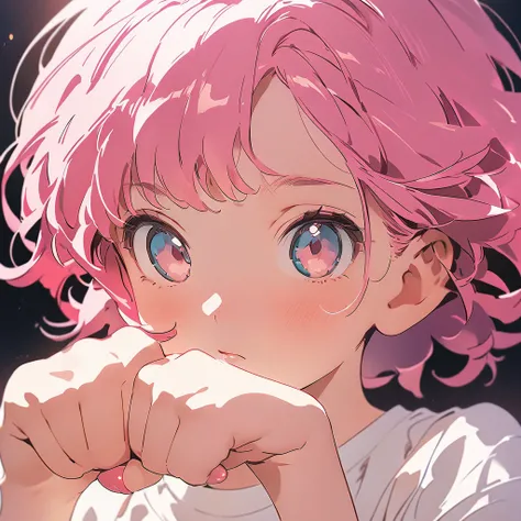 Rem from "Re:Life in a different world from zero", Extreme close up, Wearing a white T-shirt, cat paw pose, With a subtle expression, exquisite facial features, low saturation, Retro style, the strong light and shadow, in the style of anime art, pink and w...