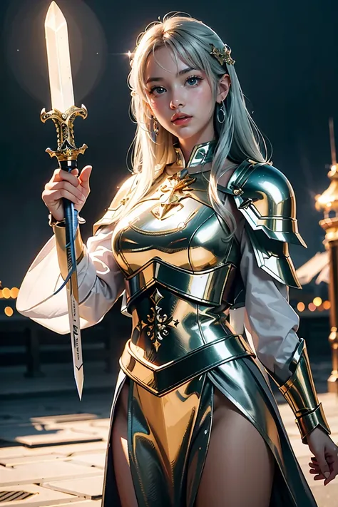 (masterpiece, best quality), A paladin holding a light-infused sword, light magic, divine, mage aura, silver and gold, 4k, dark cityscape, Fujifilm