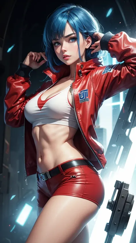 Optimus Prime human woman with red jacket and white shirt with blue hair and blue eyes 