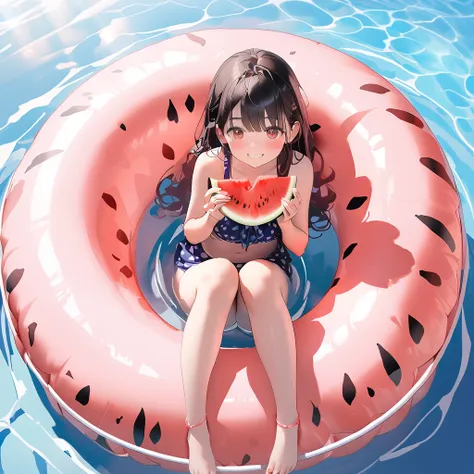 a cute girl eating ice cream in the swimming circle, there are watermelon and snacks on the swimming circle, 2.5d rendering, oc ...