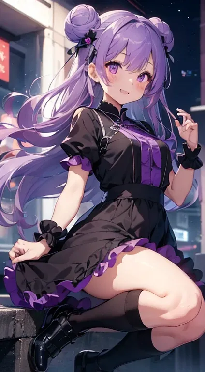 Best image quality、(((Full Body Lesbian))),Character portrait、Excellent style、Beautiful feet、Leather shoes、Dynamic Pose、, young、Gothic Lolita, (((Light purple hair))), Purple eyes, (mascara), Blunt bangs, ((Hair above the eyes)), Long Hair, Pink mixed hair...