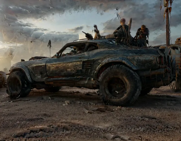 a powerful off-roader, post-apocalyptic, mad max style, weathered and dystopian, desert landscape, dramatic lighting, vibrant co...