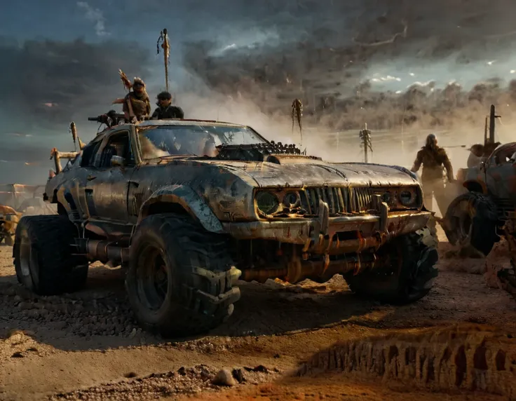 a powerful off-roader, post-apocalyptic, mad max style, weathered and dystopian, desert landscape, dramatic lighting, vibrant co...