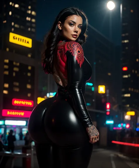 Beautiful woman with amazing body wearing a dark gray latex full body catsuit with red neon tattoos lit up like intense light, young woman, with her back to the camera showing a huge ass, Very slender waist, wide hip, beautiful grandmother, beautiful old w...