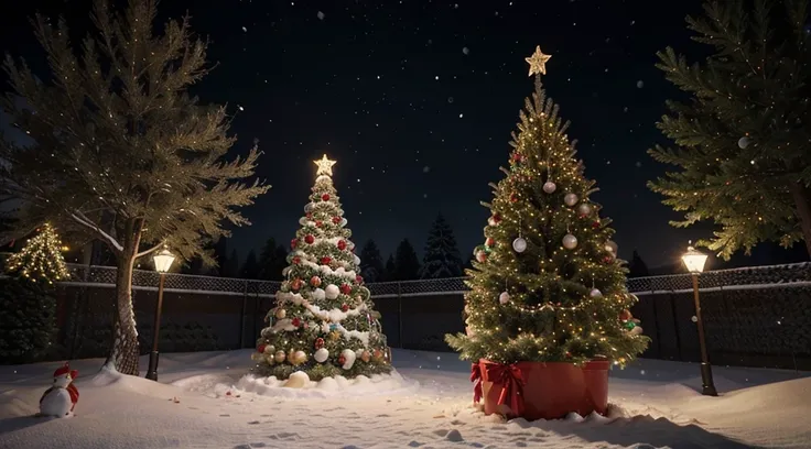 "Create a festive 3D Christmas background. Include the following elements:

Scene: A snowy landscape with pine trees.
Decorations: Christmas lights, ornaments, and a decorated Christmas tree.
Atmosphere: A warm, glowing light effect to evoke a cozy holiday...