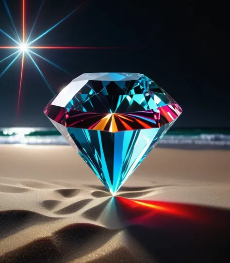 a large diamond jewel on the sandy beach with a black background, narrow red laser hitting it,  radiant light beams, chromatic aberration, broken prism, refraction, light caustics, detailed illustration, bioluminescent, colorfull, glow,