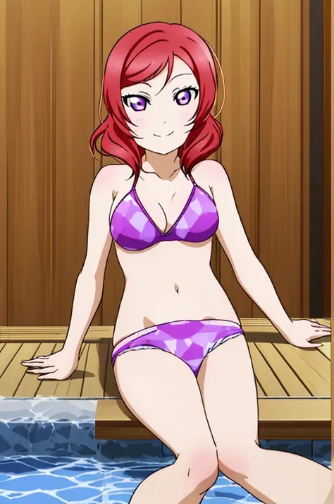 (((pixel-perfect, detail-perfect))), solo, 1girl, maki nishikino, eyes violet, hair red, smile, sauna, bikini, armpit, large extreme filesize, ultra High Qality