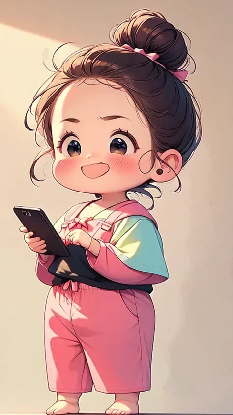 a child with a pink bow holding a smartphone while talking to someone, 1girl, yellow bow, jewelry, solo, earrings, phone,  eyes,  hair, bow, smile, open mouth, bag, cellphone, pink shirt, shorts, hair bow, holding phone,sad