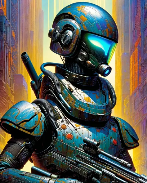 In a dystopian cyberpunk future, a mesmerizing propaganda poster beckons viewers to enlist in the military. Combining the gritty art style of Frank Frazetta with the futuristic flair of Moebius, the image features a cybernetically enhanced soldier, clad in...