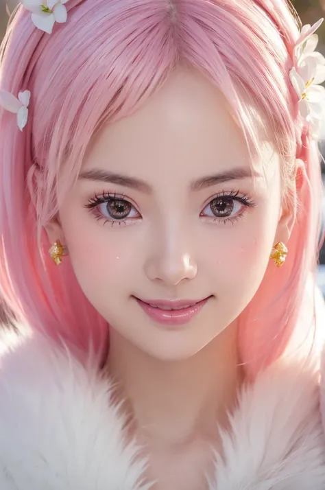 Highly Detailed CG Unity 8K Wallpaper, Cute One Lady, Mature pink hair、Lady ,beautiful Lady, Pale skin (super masterpiece, Beautiful person, well detailed face polluted smile, Realistic, Surreal), Colorful winter kimono in pink and white、(White fur)、Japane...