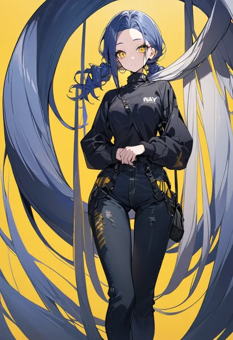 (One very tall woman,Navy Blue Hair,Her hairstyle is twin tails that expose her forehead.,Medium chest,yellow eyes)Black Techwear,Jeans pants