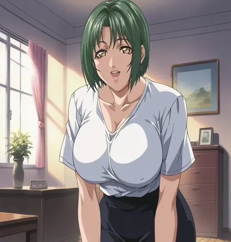 score_9, score_8_up, source_anime Bibl3, milf, housewife, green hair, short hair, huge breasts, wide hips, viewed from front, standing in living room, soft smile, open mouth, looking at viewer, empty eyes, white blouse, plain skirt, full lips, vivid lips, ...