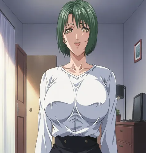 score_9, score_8_up, source_anime Bibl3, milf, housewife, green hair, short hair, huge breasts, wide hips, viewed from front, standing in living room, soft smile, open mouth, looking at viewer, empty eyes, white blouse, plain skirt, full lips, vivid lips, ...