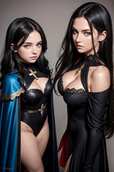 mother and daughter portrait break: mature, evil, middle-age, long black hair , blue eyes, detailed face, beautiful face, cleavage, curvy body, tall, chubby, dress with cape, desing with christian cross, break: daughter, girl, very small breats, slim, teen...