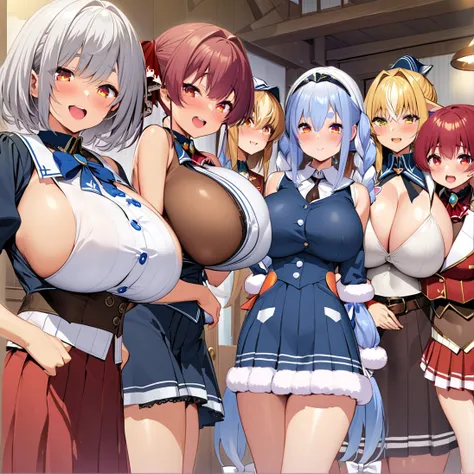 usada pekora,houshou marine,shiranui flare,shirogane noel,4girl,open mouth,,super huge breasts,bosom buddy,looking at viewer,Lined up,standing up,house,in room