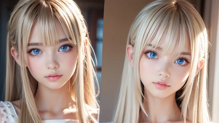 She is playing harp. Natural platinum blonde hair in natural color, super long stringy straight hair、Portrait、、Bright expression、ponytail、Young, white and radiant skin、Great looks、Shiny bright hair、Shiny beautiful bangs、bangs over eyes、double eyelid、eyelin...