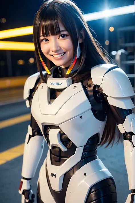 17-year-old girl、whole body、(mechanical suit)、cyborg、illuminated mechanical parts、dazzling parts、dynamic pose、small breasts、(smi...