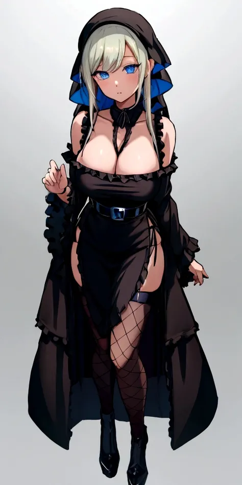 anime girl with blue eyes and a black dress posing for the camera, seductive anime girl,  in dress, , beautiful anime girl, large breasts, triple D cup breasts, beautiful anime woman, beautiful alluring anime woman, blonde anime girl with long hair, anime ...