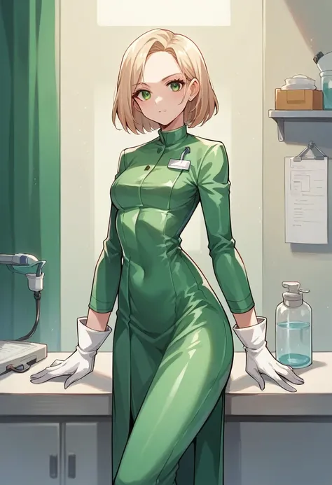 1girl, light hair, ((white gloves)), ((surgical gloves)), ((latex gloves)), ((long sleeves)) ((green surgeon outfit)), looking at viewer, ((doctor)), standing, solo