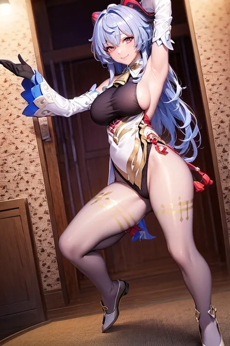 masterpiece)),((Highest quality)),High resolution,Highly detailed CG,Perfect lighting,8k wallpaper、One Woman, alone、Very large breasts、Very large breasts、Sideboob、very thick legs、smile、Looking into the camera、Show your armpits、Raise your arms、Erotic squatt...