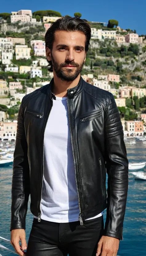 A 35 years old man, with a black pants,white social shirt, italian background, hands on the pocket, a black leather jacket with zippers and zippered sleeves, black leather slim clothes, black leather garment, very aesthetic leather jacket, leather jackets,...