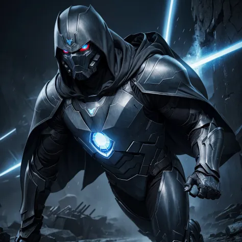 a male wearing grey hood and cape, making a metal hand sign, background dark space battlefield, heavy rain, blue glowing beautiful eyes, (full body shot), blue glowing lined simple armor plate, dark environment, high detailed face, Advance mask, intense wa...