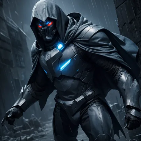 a male wearing grey hood and cape, making a metal hand sign, background dark space battlefield, heavy rain, blue glowing beautiful eyes, (full body shot), blue glowing lined simple armor plate, dark environment, high detailed face, Advance mask, intense wa...