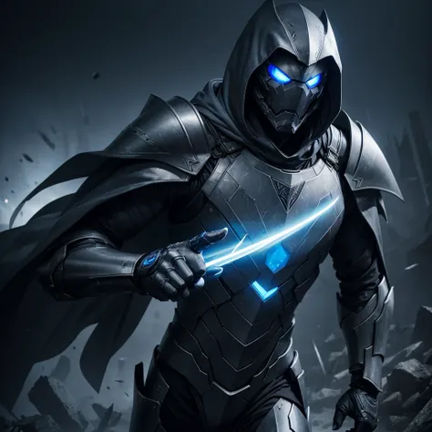 a male wearing grey hood and cape, making a metal hand sign, background dark space battlefield, heavy rain, blue glowing beautiful eyes, (full body shot), blue glowing lined simple armor plate, dark environment, high detailed face, Advance mask, intense wa...