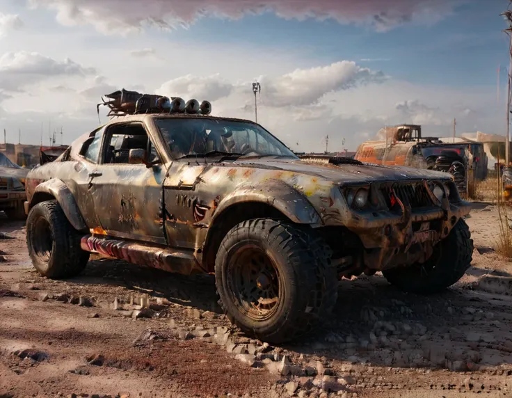 a powerful off-roader, post-apocalyptic, mad max style, weathered and dystopian, desert landscape, dramatic lighting, vibrant co...