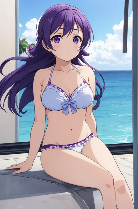 (((pixel-perfect, detail-perfect))), solo, 1girl, nozomi tojo, normal face, eyes green, hair violet, pool, bikini, large extreme filesize, ultra High Qality