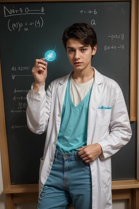 A cute young male twink wearing a bright white long-sleeved shirt and aqua blue jeans. He has black hair and is in his medical office. Behind him is a blackboard with mathematical equations written on it and the shape of a brain with neon energy coming out...