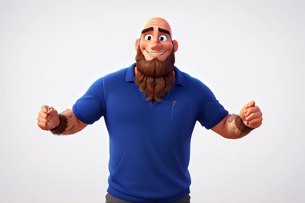 disney pixar style brunette man with big dark beard, bald and muscular smiling 