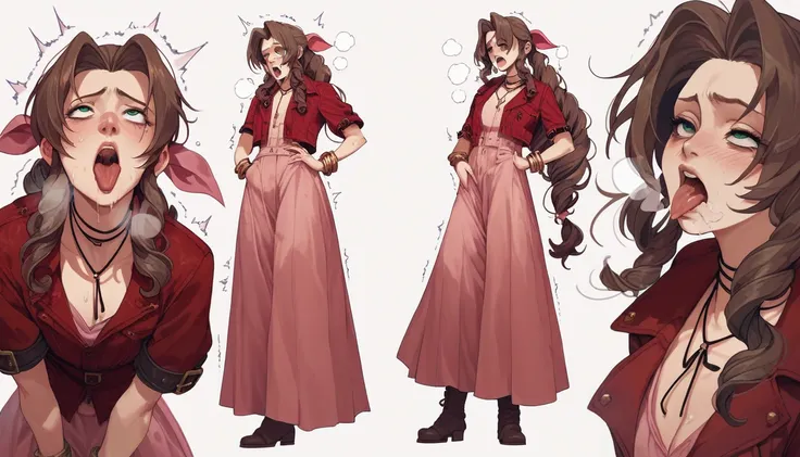 multiple views,aerith masturbating while standing,ahegao,mouth wide open with tongue sticking out,long skirt,boots,trembling,hea...