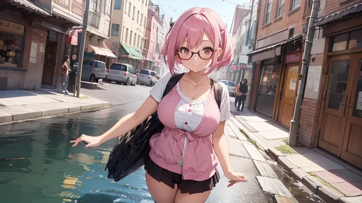 1girl,musical note pattern ,big dam ,pastel pink hair,brown eye,bob hair,standing, beckoning, full body,red frame eyewear,big breasts,smile