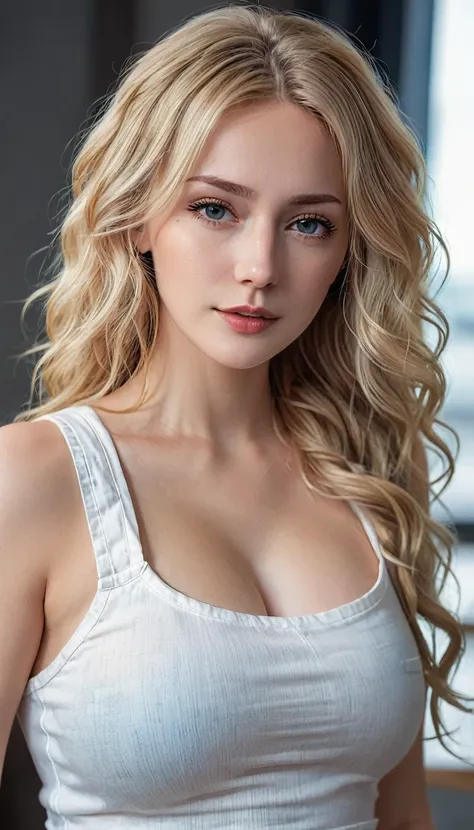 an attractive lady with long, wavy blonde hair, youngh, semi-tied hair, curved, sexly, seductive, breast, white cropped vest top...