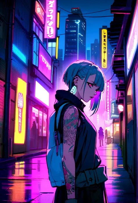 cyberpunk girl, urban landscape, neon lights, tattoos on the arm, method