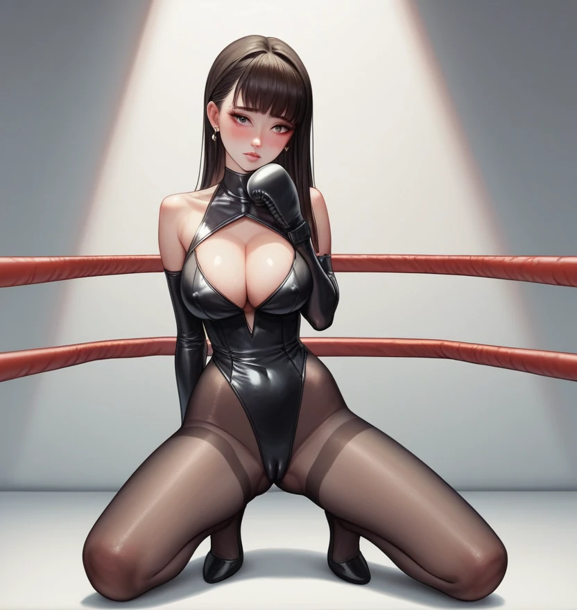 korean beautifull girl，18 years old,Pretty Face，Good shape，detailed picture, Shy expression， blush，White long hair, Wearing a black rubber suit，Wear black pantyhose, Wearing black boxing gloves, Kneeling in a sexy pose on the boxing ring，Large Breasts,Clea...