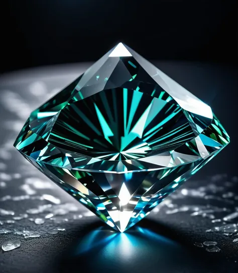 a large diamond jewel on black marble table with a black misty background, radiant light beams, chromatic aberration, broken pri...