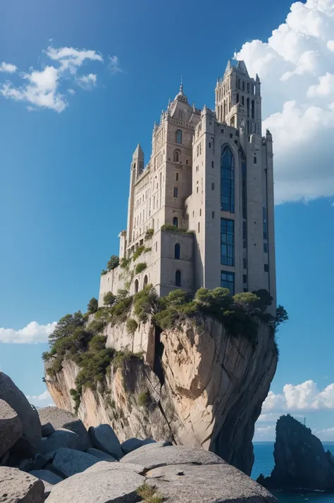 A building on top of a rock, going to the sky.